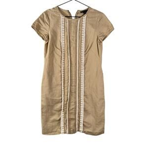 Brooks Brothers Tan Beige Linen Cotton Short Sleeve Shift Crochet Pockets Size 2